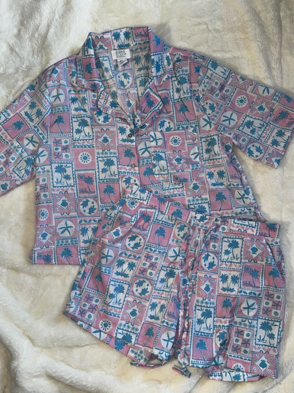 Sigrid Olsen Pink & Blue Palm-Print Short Pajama Set